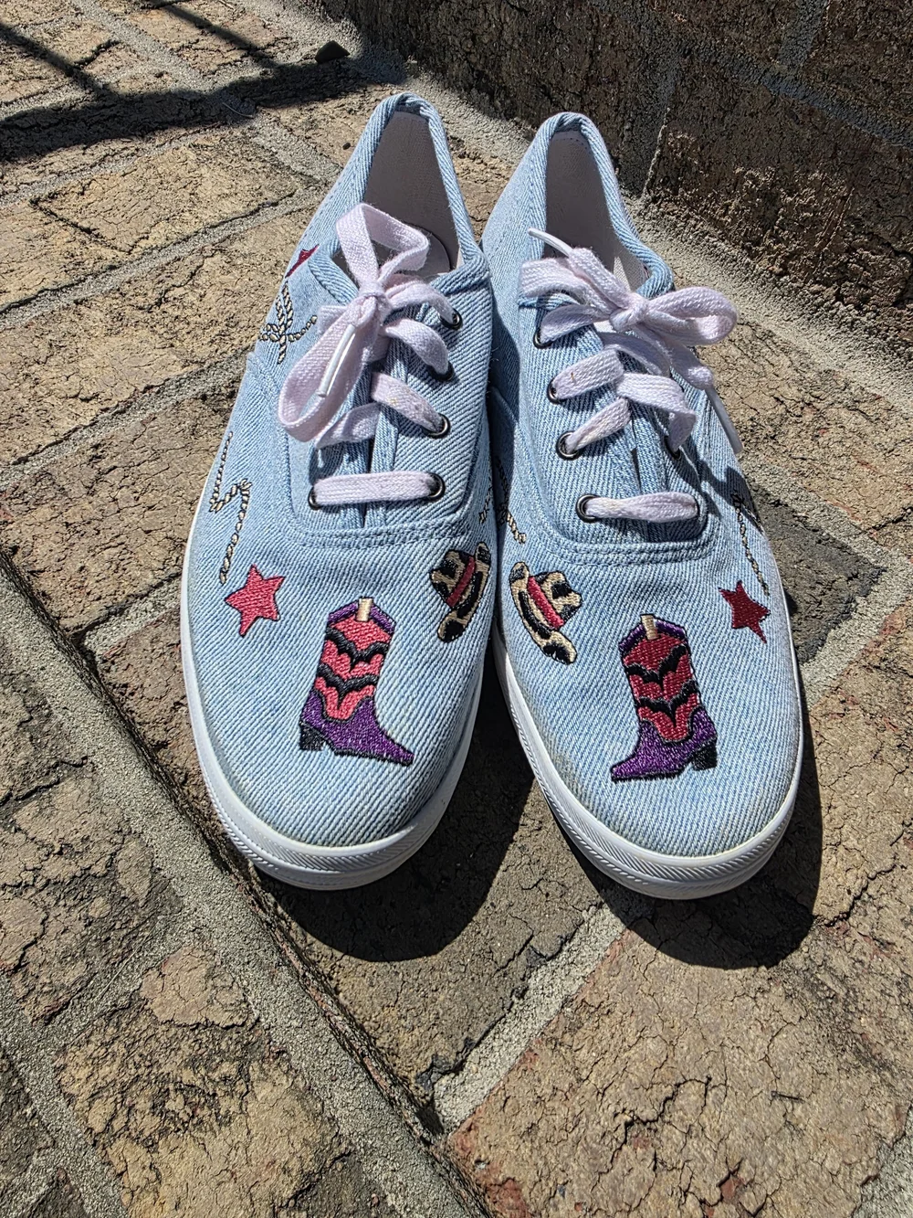 Keds Light Blue Denim Sneakers Western Cowgirl Embroidered Patches